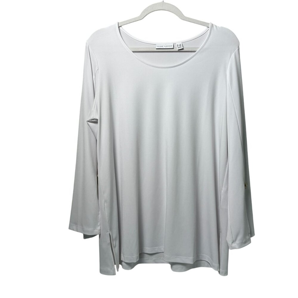 Susan Graver Liquid Knit Bracelet Sleeve Tunic Top Petite L LP White Button